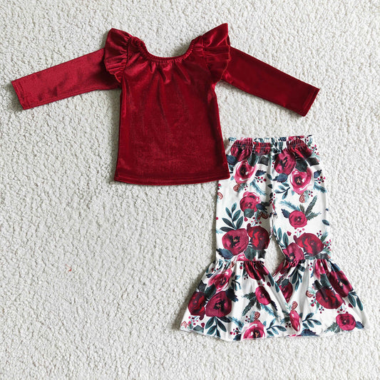 Baby Girls Red Velvet Top Floral Bell Pants Clothes Sets