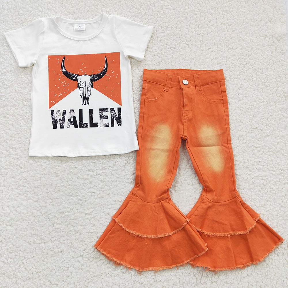 Baby Girls Cow Shirts Orange Denim Pants Clothes Sets