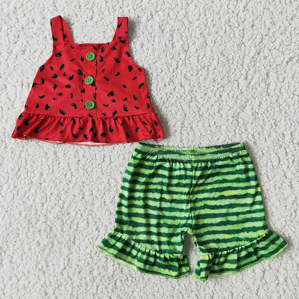 Baby girls summer watermelon seed strap ruffle shorts sets