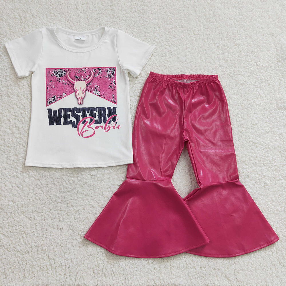 Baby Girls Western Tee Shirts Top Pleather Dark Pink Bell Bottom Pants Sets