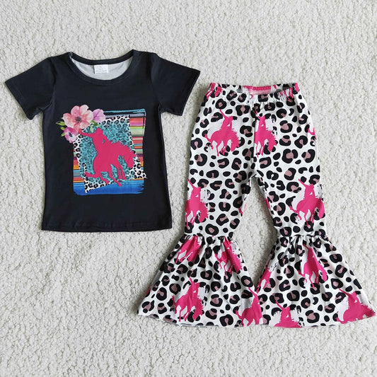 B1-27 Baby girls western black shirt top bell pants clothing sets