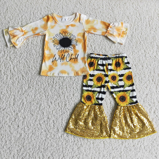 Baby Girls Wild child sunflower sequin bell pants sets