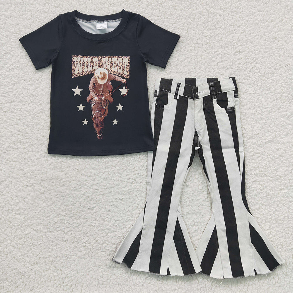 Baby Girls Wild West Black Stripe Bell Denim Pants Clothes Sets