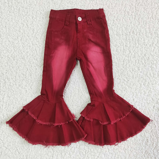 Baby girls Wine fall double ruffle denim pants jeans