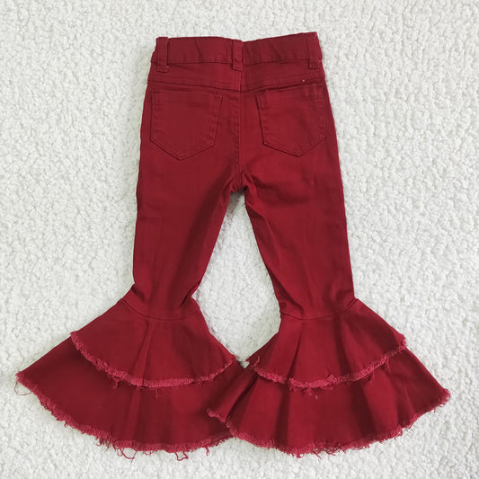 Baby girls Wine fall double ruffle denim pants jeans