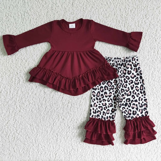 Baby Girls wine wave ruffle tunic leopard pants outfits sets