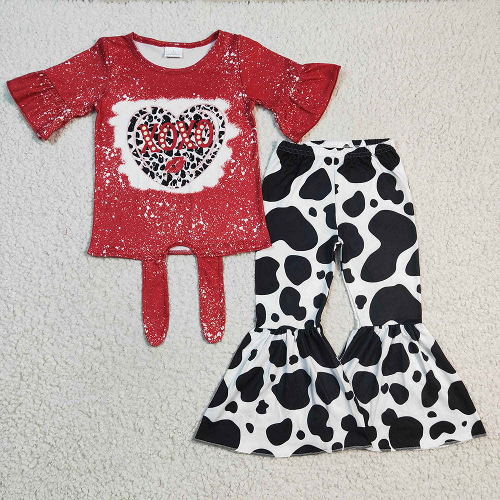 Baby Girls Valentines hearts Cow Bell Bottom Pants clothes sets